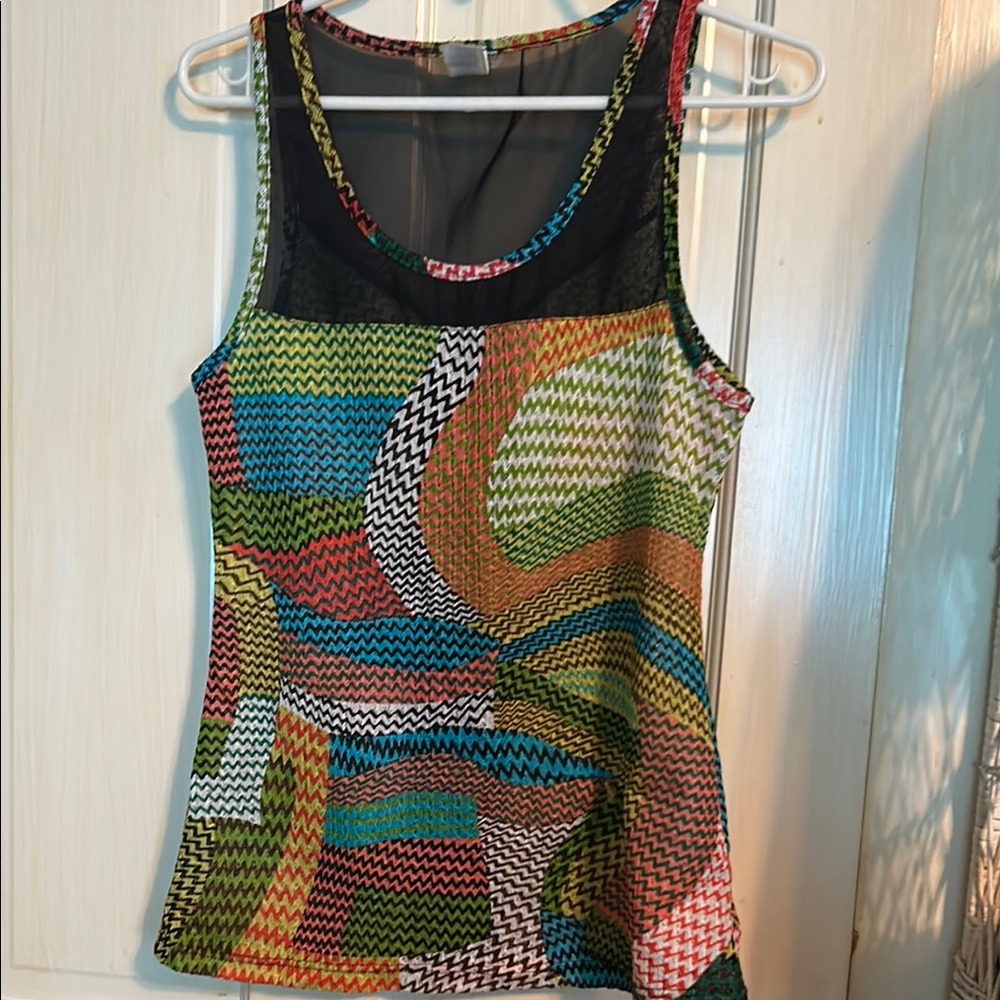 Blue and Green Graphic Fitted Tank Top